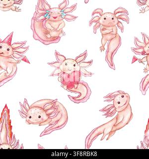 Motif sans couture dessiné à la main d'un axolotl de style aquarelle isolé sur fond blanc. Personnages mignons roses de bébé salamandre aquatique avec diverses émotions Banque D'Images
