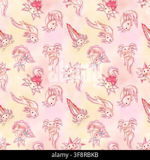Motif sans couture d'axolotls mignons sur fond aquarellé rose jaune pastel. Salamandres mexicaines pastel dessinées à la main avec diverses émotions amusantes, emoji Banque D'Images