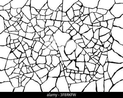 Illustration numérique d'une texture de mur en pierre fissuré noir et blanc abstraite présentant un art linéaire à contraste élevé de motifs de roche fracturés Banque D'Images