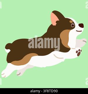 Corgi de couleur sable mignon et plat coloré sautant de face latérale Illustration de Vecteur