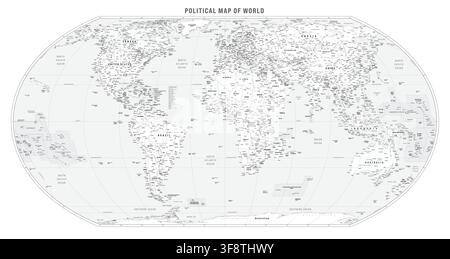 Carte du monde avec un haut niveau de détail. Étiquettes des pays, des capitales et autres villes, des rivières, des montagnes, des mers et des océans. Projection Équidistante Equatoriale. Carte atlas en niveaux de gris. Centrée sur le méridien de Greenwich. Illustration de Vecteur