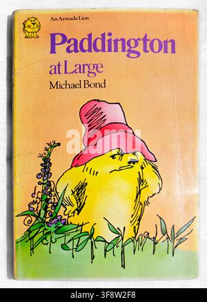 Photographie de Paddington en liberté par Michael Bond, couverture du livre sur fond clair. Mise en scène en studio Banque D'Images