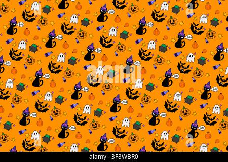 Motif sans joint Halloween sur fond orange avec icônes de chat sorcier, fantôme, citrouille et chauve-souris. Papier cadeau Halloween, en-têtes de site web, impressions sur tissu, réseaux sociaux. Banque D'Images