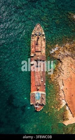 Prise de vue verticale par drone d'un épave rouillée abandonnée dans la mer. Banque D'Images