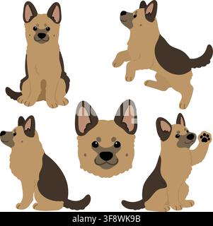 Illustrations simples et mignonnes de chien Berger Allemand dessinées à la main avec couleurs plates Illustration de Vecteur