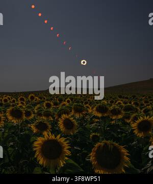 Cette image composite montre la progression d'une éclipse solaire totale sur San Millán de los Caballeros, Espagne, le mercredi 12 août 2026. Une éclipse solaire totale a balayé des parties du Groenland, de l'Islande, du nord de la Russie, de l'océan Atlantique, de l'Espagne et d'un petit coin du Portugal. Une éclipse partielle était visible dans certaines parties des États-Unis, dans la majeure partie du Canada, dans une grande partie de l'Europe et dans le nord-ouest de l'Afrique. Photo NASA par Bill Ingalls/UPI Crédit : UPI/Alamy Live News Banque D'Images