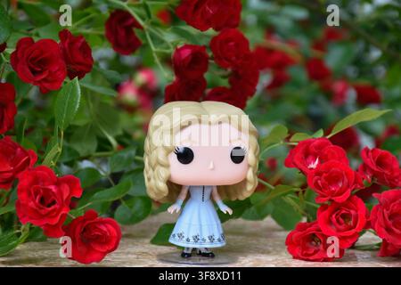 Figurine en vinyle Funko Pop d'Alice au pays des merveilles tirée du film fantastique populaire de Tim Burton. Jouet de collection posé parmi des roses rouges en fleurs. Banque D'Images
