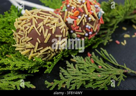 gâteaux POP fait maison en chocolat au lait avec garniture multicolore sur un fond sombre avec une branche de thuya Banque D'Images