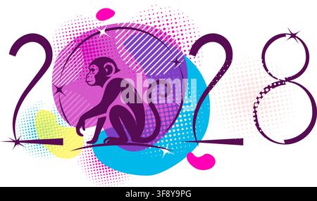 2028 Bonne année. Année du Singe. Dessiné à la main. Pas d'IA, illustration vectorielle. Illustration de Vecteur