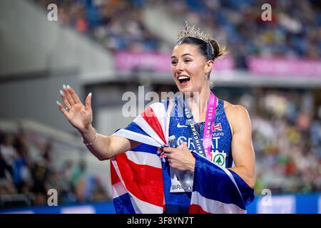Amy Hunt (Grande-Bretagne) célèbre la victoire et la médaille d'or, 200 mètres femmes, finale Photo : Nordphoto / Memmler Banque D'Images