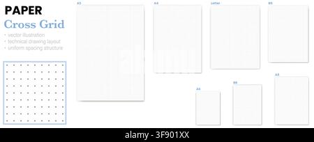 L'ensemble de feuilles de papier présente sept feuilles étiquetées aux proportions A3, A4, Letter, B5, A5, A6 et B6. Idéal pour les collections imprimables, les catalogues de papeterie, les ressources éducatives, les comparaisons de tailles Illustration de Vecteur
