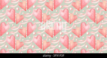 Rubans roses, perles et cœurs, motif sans couture sur fond menthe, aquarelle. Design romantique pour emballage cadeau, papeterie, papier peint, textile p Banque D'Images