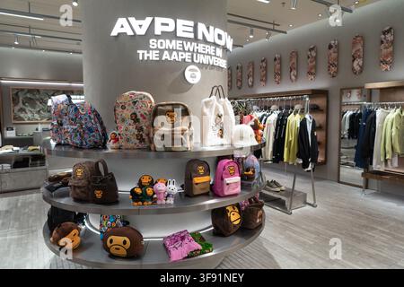 Shenzhen, Chine - 9 novembre 2025 : Diverses marchandises sont exposées dans un magasin AAPE du centre commercial KK Mall. Banque D'Images