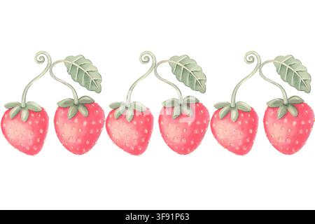 Bordure sans couture, fraises coquettes. Illustration aquarellée peinte à la main isolée sur blanc pour emballages, papeterie, impressions textiles domestiques, motifs Banque D'Images