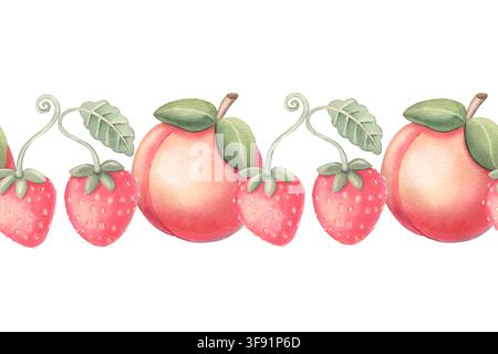 Bordure sans couture, fraises coquettes, pêches. Illustration aquarellée peinte à la main isolée sur blanc pour emballages, papeterie, impressions textiles d'intérieur Banque D'Images