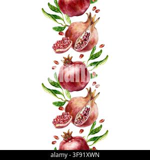 Bordure verticale sans couture au granatapme. Fruits rouges, feuilles vertes et graines. Illustration aquarellée dessinée à la main dans un style botanique, isolée sur fond blanc Banque D'Images