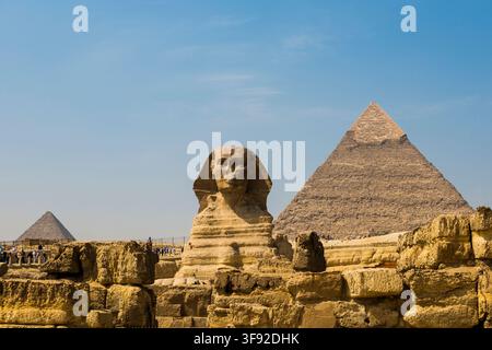 Sphinx et Pyramides, Pyramides de Gizeh, Patrimoine mondial de l'UNESCO, Gizeh, Le Caire, Égypte, Afrique du Nord, Afrique Banque D'Images