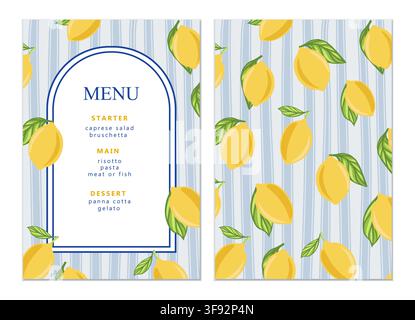 Modèle de cartes méditerranéennes avec tuiles et citrons. Ensemble de bannières à motifs céramiques. Ensemble vectoriel pour invitation, menu, mariage, fête. Illustration de Vecteur