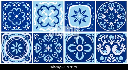 Modèle de conception en céramique bleue vectorielle méditerranéenne. Ornements à motifs modernes portugais, marocains ou turcs. Ornements traditionnels ethniques en mosaïque. Illustration de Vecteur