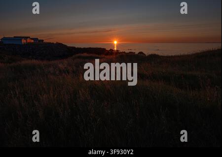 Couchant d'août sur l'Atlantique du Nord et la prairie côtière à Hellissandur, péninsule de Snæfellsnes, ouest de l'Islande. Banque D'Images