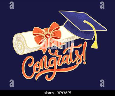 Carte de félicitations pour l'obtention du diplôme mettant en vedette un diplôme, une coiffe de diplômé, un nœud décoratif, une cordelette et des inscriptions de félicitations pour la célébration des réussites académiques Illustration de Vecteur