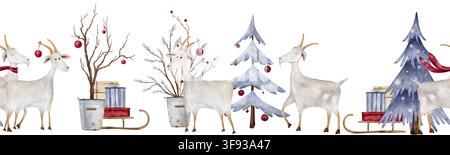 Bordure horizontale sans couture avec illustration aquarellée de chèvres dans une scène de vacances d'hiver. Animaux peints à la main accompagnés de pins enneigés, rouge Banque D'Images