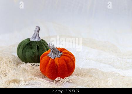 Un arrangement horizontal de deux citrouilles faites à la main dans des couleurs orange vif et vert foncé, posées sur un fond de toile d'araignée blanche. Le contraste entre les Banque D'Images