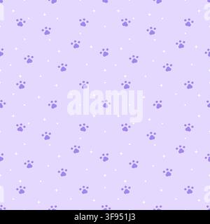Motif violet sans couture mignon mettant en vedette des empreintes de pattes adorables, des étoiles et des points sur un fond violet pastel doux, parfait pour les produits pour animaux, les tissus, w Illustration de Vecteur