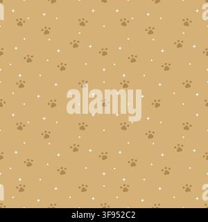 Motif sans couture marron mignon mettant en vedette des empreintes de pattes de chien adorables, des étoiles et des points sur un fond marron pastel doux, parfait pour les produits pour animaux, les tissus, la baleine Illustration de Vecteur