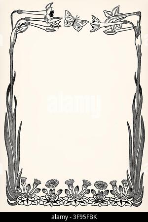 Illustration de bordure florale décorative avec des plantes hautes en fleurs, des papillons et des fleurs ornementales inférieures. Illustration stylisée antique. Banque D'Images