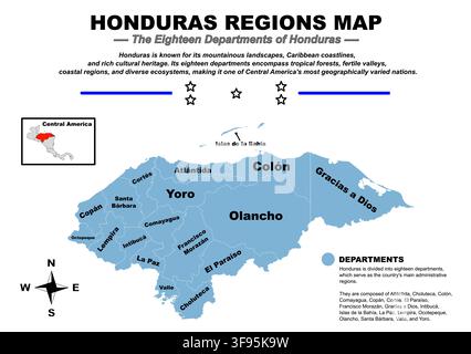 Carte des départements du Honduras – Dix-huit départements administratifs Illustration de Vecteur