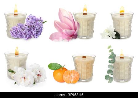 Bougies aux parfums variés sur fond blanc, set Banque D'Images