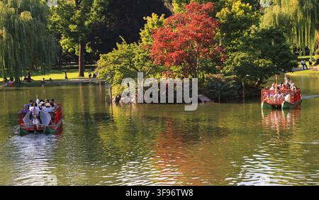 Touristes naviguant et profitant des bateaux-cygne sur le lac, Public Garden à Boston. Banque D'Images