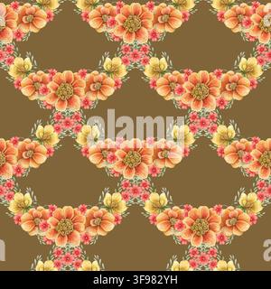 Fleurs de souci formant un motif sans couture sur fond kaki. Aquarelle dessinée à la main Tagetes patula avec fleur orange. Design vintage d'été pour tissu ou papier peint. Textile à répétition festonnée d'automne. Banque D'Images
