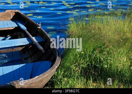 Un bateau à rames en bois se trouve en attente sur le bord d'un lac dans le nord de la Suède Banque D'Images