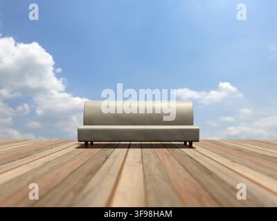 Canapé en bois sur terrasse et ciel bleu. Cette œuvre d’art a été entièrement modélisée et rendue par moi-même à l’aide d’un logiciel de modélisation 3D. Aucune image de référence, carte ou donnée satellite externe n’a été utilisée. Banque D'Images