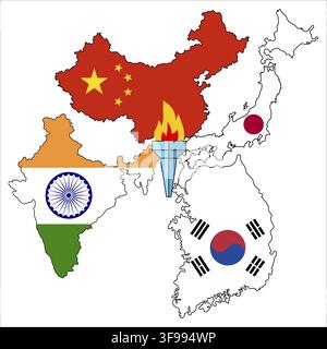 Carte conceptuelle sportive Asie 2026 avec les drapeaux nationaux de la Chine, de l'Inde, du Japon et de la Corée du Sud ainsi qu'une flamme de torche, illustration vectorielle plate Banque D'Images