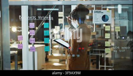 Nuit, affaires et femme sur tablette en verre pour le rapport de dépenses, la stratégie et la planification budgétaire. Écriture, technologie et personne avec notes adhésives pour le financement Banque D'Images