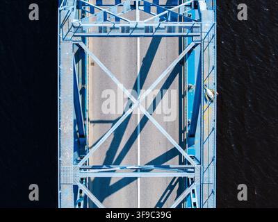 Vue aérienne d'une carcasse de cygne reposant sur la poutre en fer bleue d'un pont sur une eau sombre en Lettonie. Banque D'Images