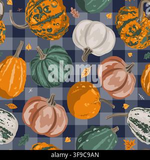 Petits pots confortables sur fond à carreaux vichy motif sans couture. Fond d'automne avec citrouilles. Illustration vectorielle de courges. Illustration de Vecteur