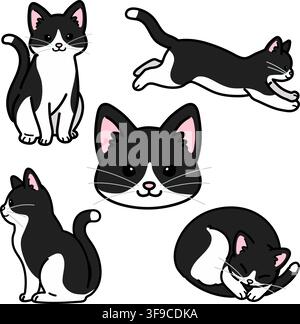 Ensemble d'illustrations simples et adorables de chats noir et blanc contournées Illustration de Vecteur