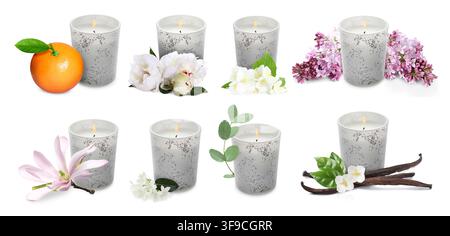 Bougies aromatiques isolées sur blanc. Collection de parfums variés Banque D'Images
