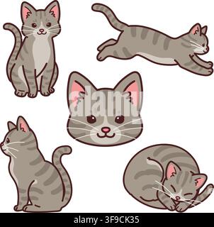 Ensemble d'illustrations simples et adorables de chats tigrés gris contournées Illustration de Vecteur