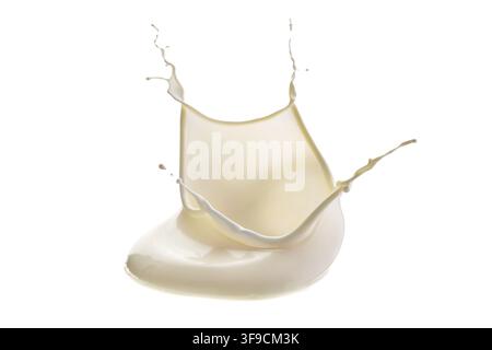 Éclaboussure de lait formant une couronne et une flaque peu profonde sur fond blanc avec des gouttelettes gelées, texture crémeuse, reflets lumineux, mouvement dynamique, studio propre Banque D'Images