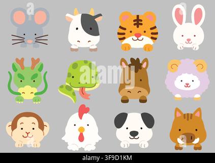 Animaux du zodiaque chinois aux couleurs plates et mignons avec pattes avant Illustration de Vecteur