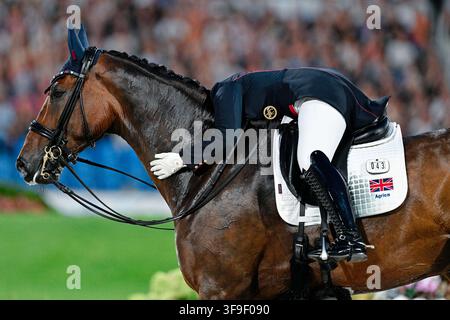 Aix-la-Chapelle, Allemagne. 15 août 2026. Sports équestres : Championnats du monde, Dressage, Grand Prix Freestyle. Cavalière de dressage britannique Becky Moody sur son cheval Jagerbomb. Crédit : Uwe Anspach/dpa/Alamy Live News Banque D'Images