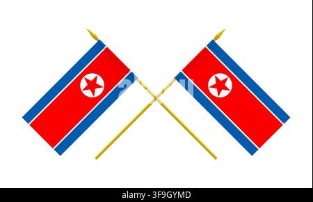 Deux drapeaux croisés de la Corée du Nord, 3D render, isolated on white Banque D'Images