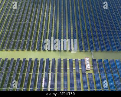 Vue aérienne du parc solaire de Sirajganj de 68 MW avec des rangées de panneaux solaires flottants installés sur l'eau à Sirajganj, division de Rajshahi, Bangladesh. Banque D'Images