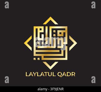 Calligraphie arabe kufique Laylatul Qadr dorée encadrée dans une forme géométrique sur fond noir pour cartes de vœux islamiques et bannières de conception. Illustration de Vecteur