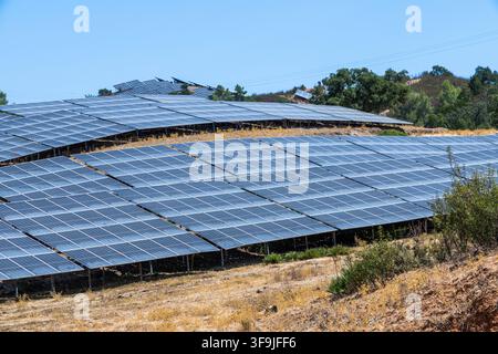 Des rangées de panneaux photovoltaïques sont installées sur une colline, capturant la lumière du soleil pour la production d'énergie renouvelable sous un ciel bleu clair Banque D'Images